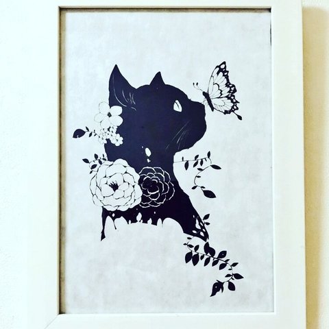 猫と花　《切り絵》