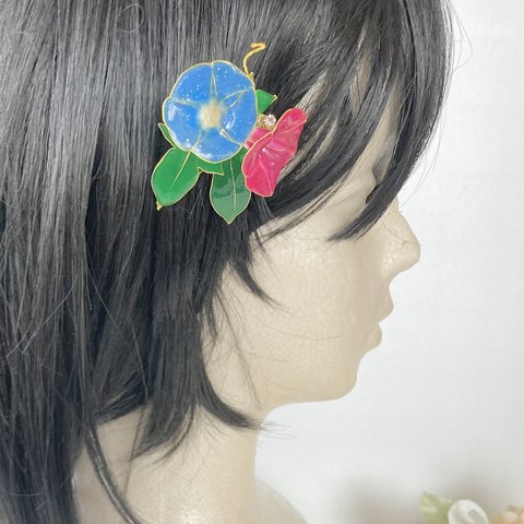 浴衣に合う朝顔のヘアクリップ*ディップアート ディップフラワー