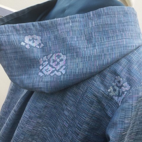 紬の着物地フード付きスプリングコート