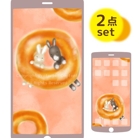 スマホ壁紙「ぷかぷかドーナツ」サーモンピンクのホーム画面＆ロック画面