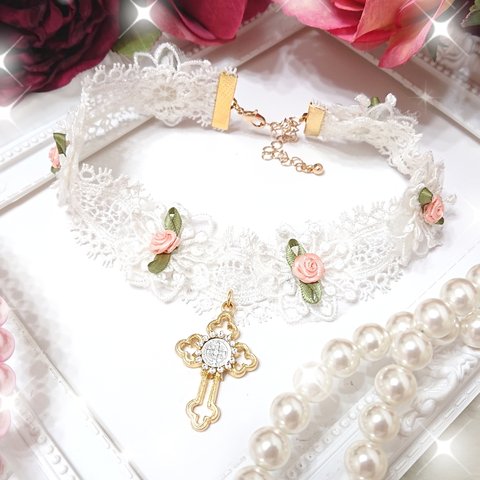 Sweet♡Rose レース スワロフスキー クロス チョーカー