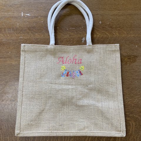 1点のみ刺繍ジュートバッグA4《Aloha》カラフル