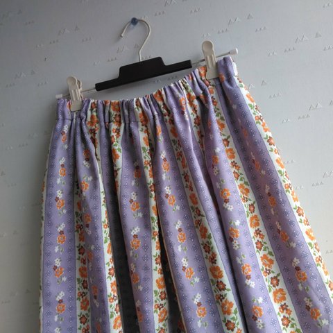 コットン薄パープルオレンジ花柄ストライプタックギャザースカート