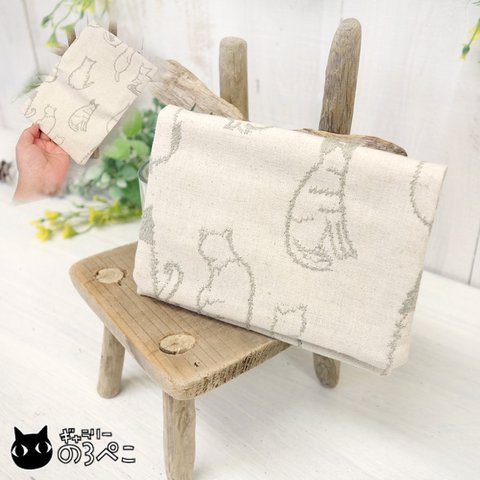 猫刺繍リネンのポケットティッシュケース～ライトグレー猫ちゃん(A)　bc846-18-1 