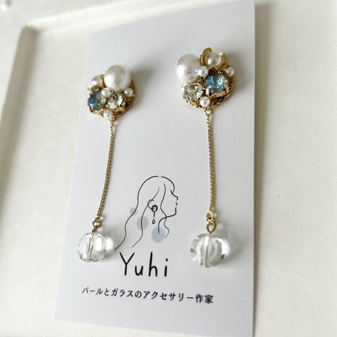 【 ピアス / イヤリング 】ブルー ビジュー パール 揺れる 