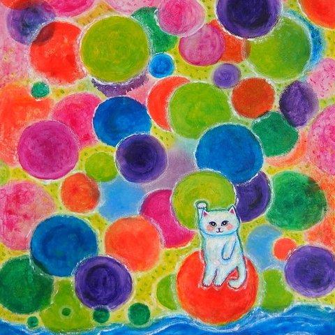 原画 「カラフルハッピー招き猫」 F10号  ＃絵画 ＃ねこ ＃招き猫の絵 ＃七色の絵 ＃縁起物アート ＃右手上げ招き猫 ＃虹色