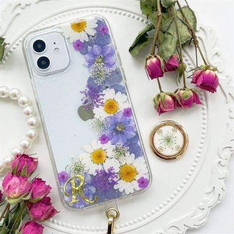 紫陽花と千鳥草、押し花スマホケース、全機種対応、ストラップホルダ一、iFace風、手帳型、iPhone14、iPhone14Pro、iPhone14plus、iPhone13、iPhone12