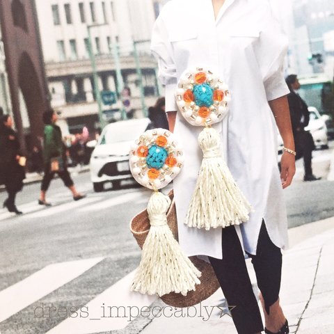 夏につけたい♡ビーズ刺繍のタッセルボリュームピアス☺︎＋100イヤリング変更可能☆