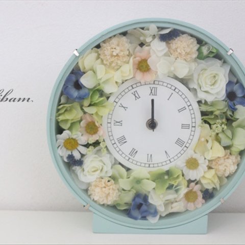 結婚式・両親贈呈用に　花時計 ブルーグリーン　マーガレットと薔薇のフラワー時計