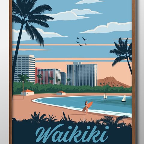 8789■ポスター　絵画　A3サイズ『Hawaii　ハワイ　ビーチ』アート　イラスト　デザイン　北欧　マット紙