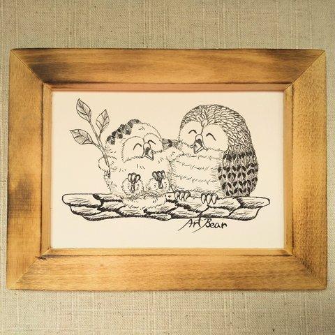 原画 ほっこりフクロウペン画 NO.15