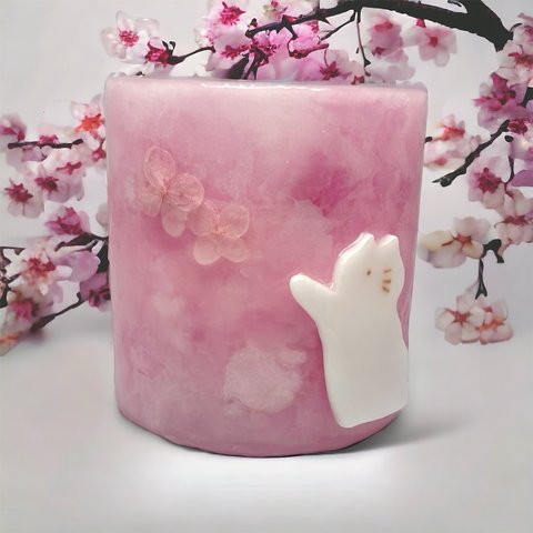 ねこねこランタン（pink）春　送別　桜　ギフト　雑貨　引出物　ヨガ　ウェルカムスペース　ランタンキャンドル　置物