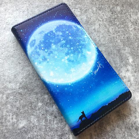 満月とねこの手帳型スマホケース（ブルー） 全機種対応 手帳型 スマホケース iphone15 iphone13 猫 iphone14 黒猫 SE3 第3世代