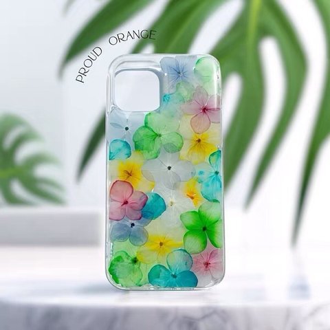 本物のお花 カラフルなアジサイ ドライフラワー 押し花 スマホケース レッド 紫陽花