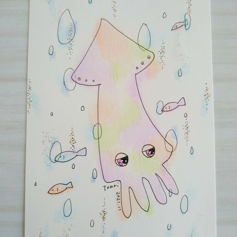 ☆原画・額なし☆ ふんわり＊へんてこな生き物イラスト／色鉛筆&ペン