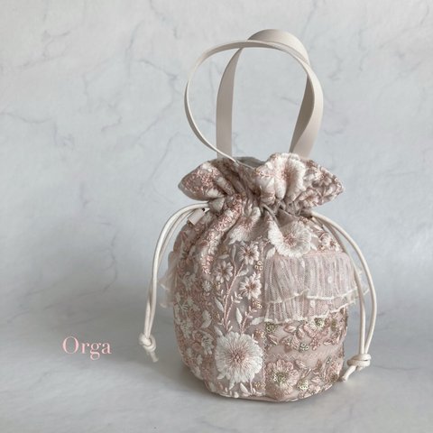 Orga bag 〜2way  インド刺繍リボンの丸底巾着バッグ持ち手付き　ピンクベージュフリル