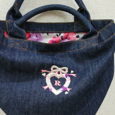 デニム刺繍スモールトートバッグ