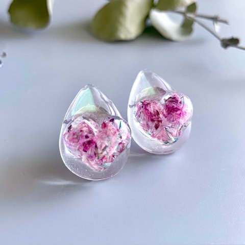 glass drop aurora dried flower big heart Earrings ①