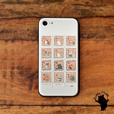 iPhoneケース 強化ガラス iPhone15 アニマル 動物 切手