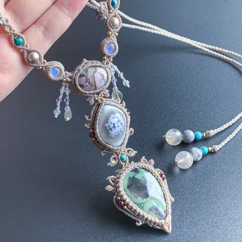 copper pinkopal × blueopal / macrame necklace #マクラメネックレス#