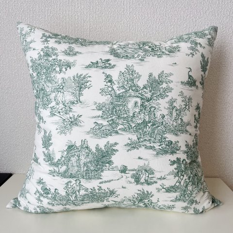 クッションカバー　45×45  トワルドジュイ Toile de Jouy 　 オフホワイト×グリーン　両面