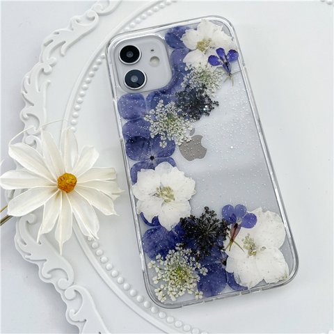 紫陽花、押し花スマホケース、全機種対応、ストラップホルダ一、iFace風、手帳型、iPhone15、iPhone15Pro、iPhone14、iPhone14Pro、iPhone13、iPhone12