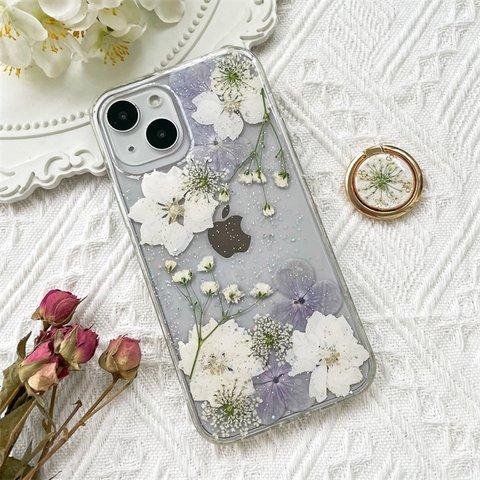 紫陽花押し花スマホケース、全機種対応、ストラップホルダ一、iFace風、手帳型、iPhone14、iPhone14Pro、iPhone14plus、iPhone13、iPhone12、iPhone8