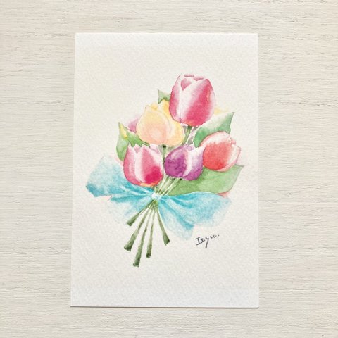 🌷「チューリップの花束」水彩画イラストポストカード２枚セット　花　フラワー　春🌷