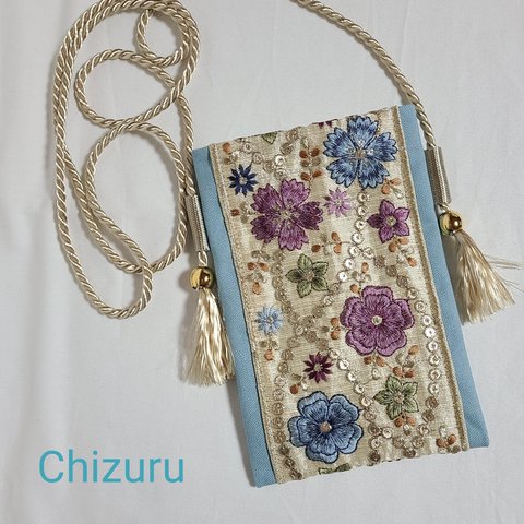 新作【スマホポシェット】インド刺繍リボン