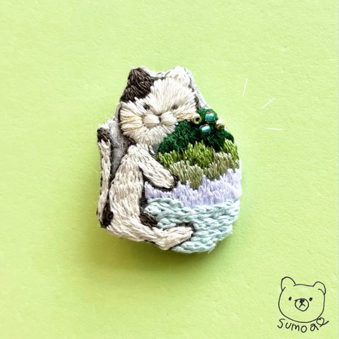 かき氷猫＊刺繍ブローチ(抹茶)