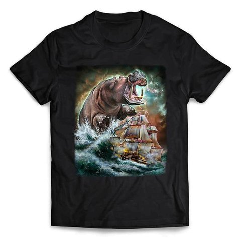 半袖Tシャツ 船を襲う カバ  海 雷 嵐 by FOX REPUBLIC