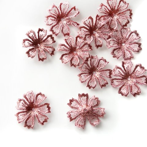 【10個】ダークピンク フラワーレース チュールレース 刺繍  花 透け感 (2b002-17)