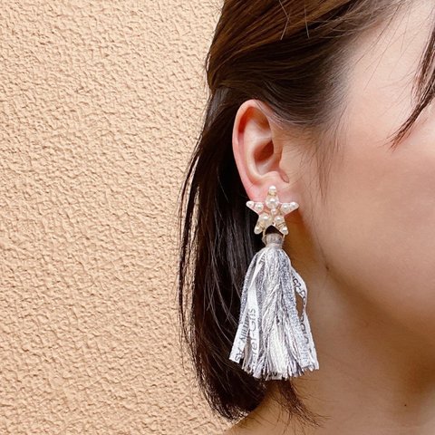 星パール×デニムタッセル　ピアス