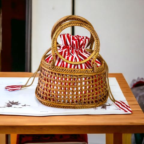 手のひらサイズ ミニミニバッグ　アタバッグ アタ製　ラタン　伝統工芸　手編み　小物　カゴバッグ 楕円 バティック　和装