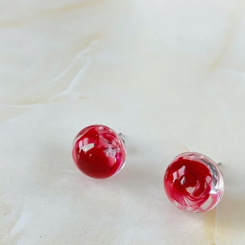 まんまるmarbleピアス red