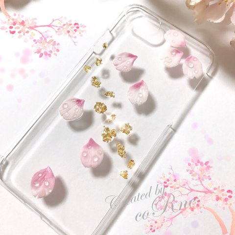 ”朝露と桜と金箔” 立体花びら iPhoneケース/カバー＊他機種応相談＊再販×5