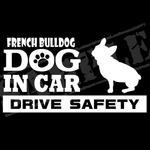 『犬種名・DOG IN CAR・DRIVE SAFETY・フレンチブルドッグ（座り姿）』ステッカー　9cm×17cm