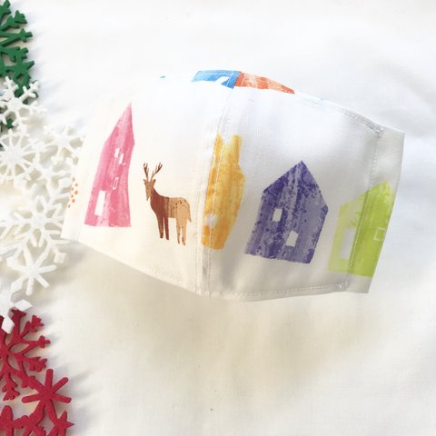 トナカイとカラフルなお家のフィルターポケット付き立体マスク⭐︎冬マスク