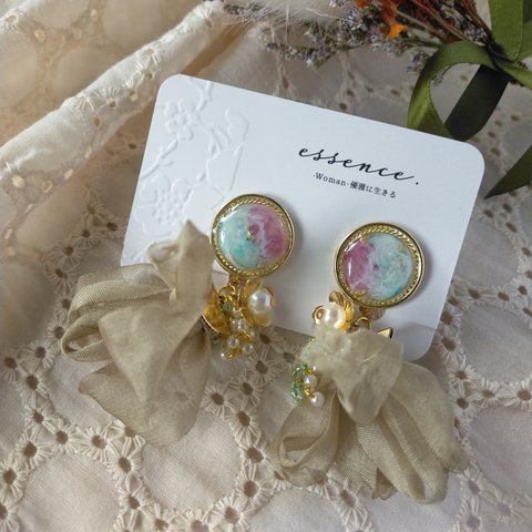 ボリュームシフォン❥❥❥ネジバネ式イヤリング