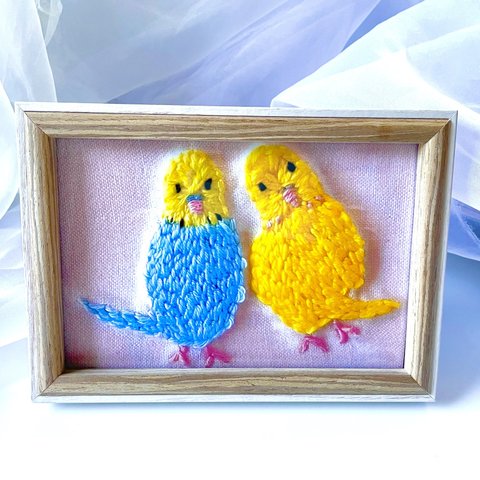 【ポストカード】インコ刺繍-仲良しインコさん