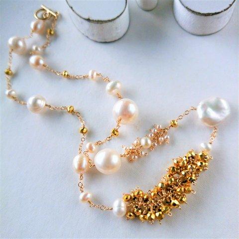 14kgf♡Pearl×gold Pyrite station necklace 氷