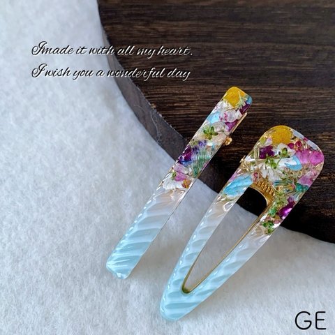 【GE】レジン ヘアクリップ 押し花 ドライフラワー 2本セット