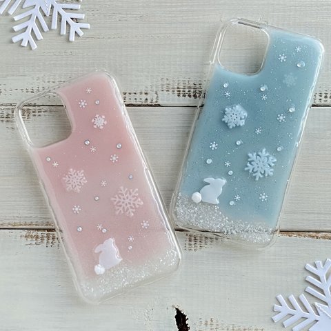 冬　雪の結晶とうさぎ　iPhone 各機種対応　ニュアンスカラー