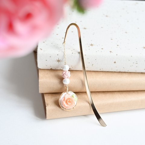 小さな額縁ブックマーカー　つまみ細工の薔薇　ピンク　/Small Frame Bookmark Tsumamizaiku Rose Pink
