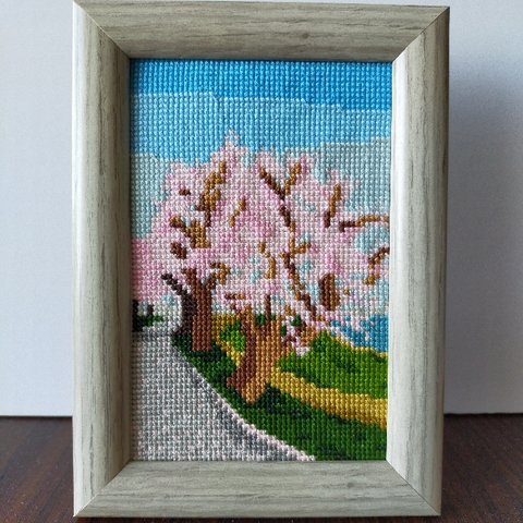 クロスステッチ図案「河原の桜並木」