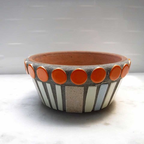 オレンジラインとカラフルなモザイクタイル張り植木鉢（T-025）