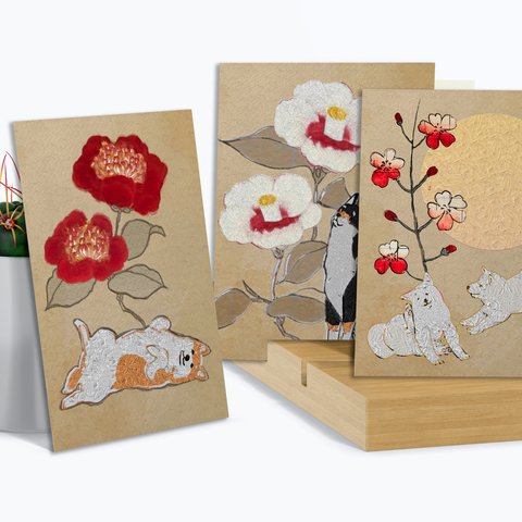 【ポストカード3枚セット】人気の絵柄「花と柴犬」