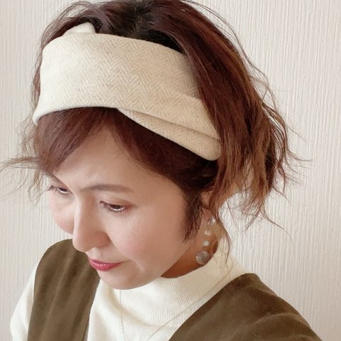 秋冬用ウールのあたたかヘアターバン（アイボリー）