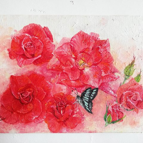 薔薇とアゲハチョウ《油絵原画》