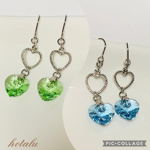 人気♥️スワロフスキーアクアマリンorペリドット·ハート&ハート・フックピアス（金具変更可能）